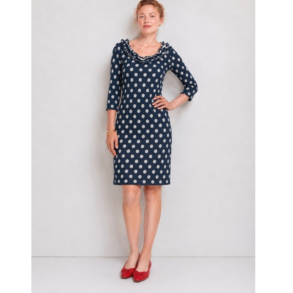 Sara Campbell Polka Dot Ruffle Neck Shift Dress Navy Blue Size L